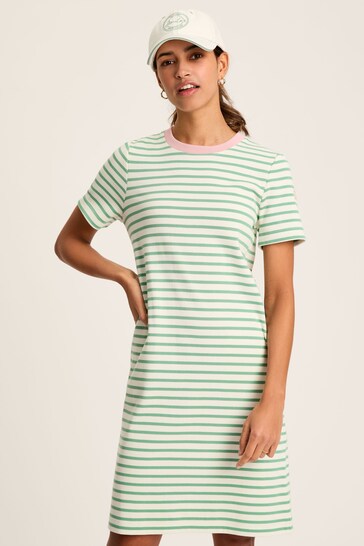 Joules Eden Green & White Striped Short Sleeve Jersey Dress With Pockets
