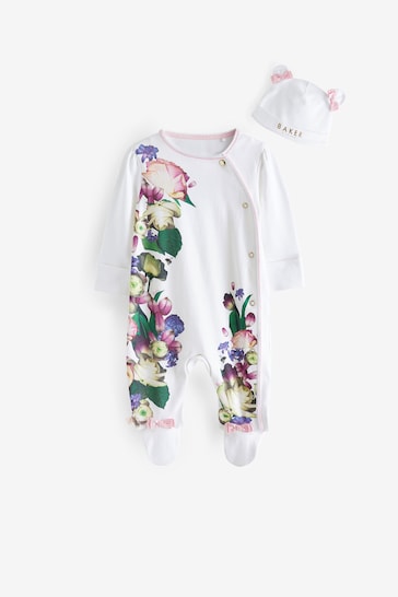 Baker by Ted Baker White Floral Sleepsuit and Hat Set