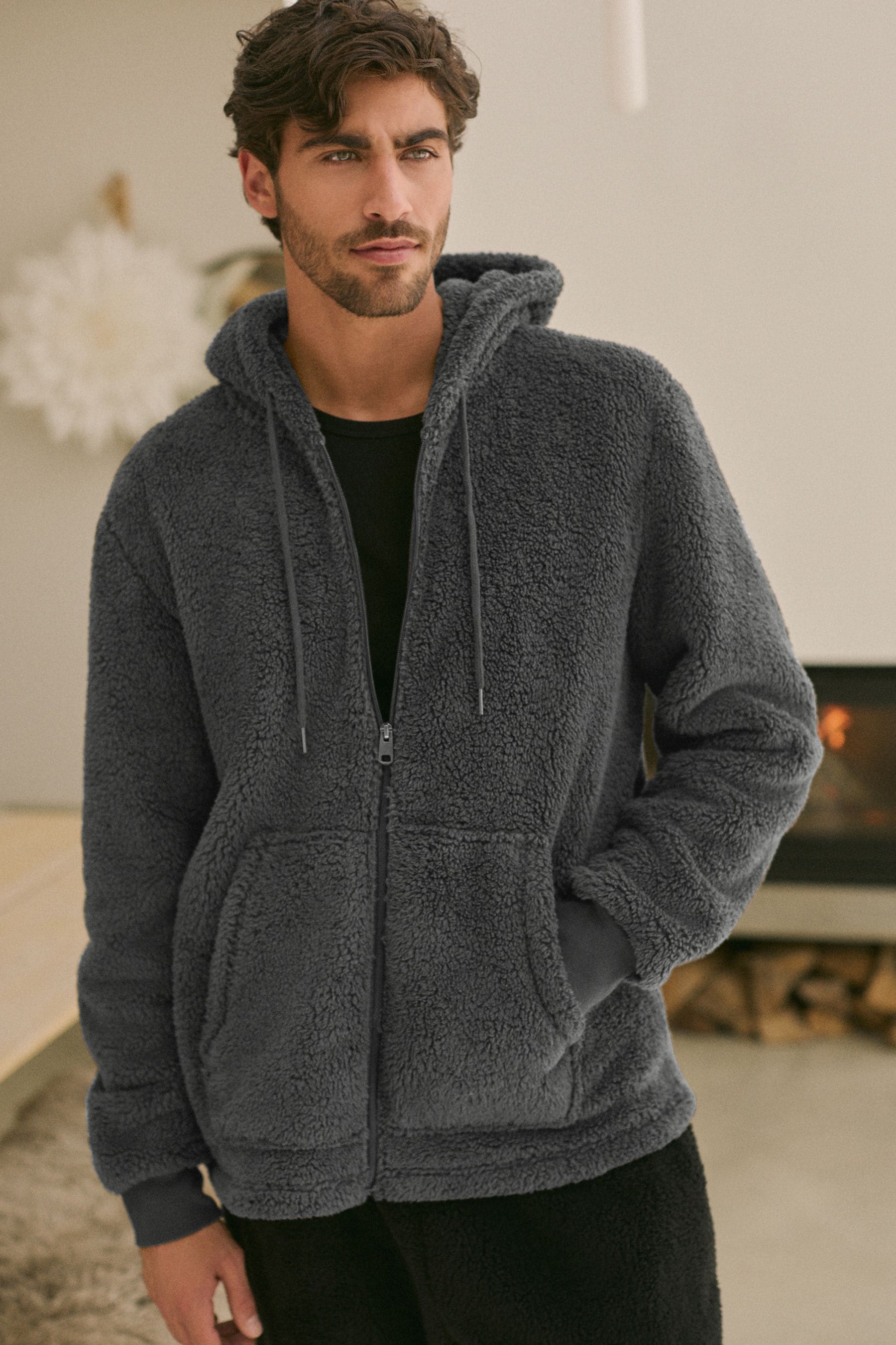 Buy Slate Grey Borg Zip Through Hoodie from Next Luxembourg