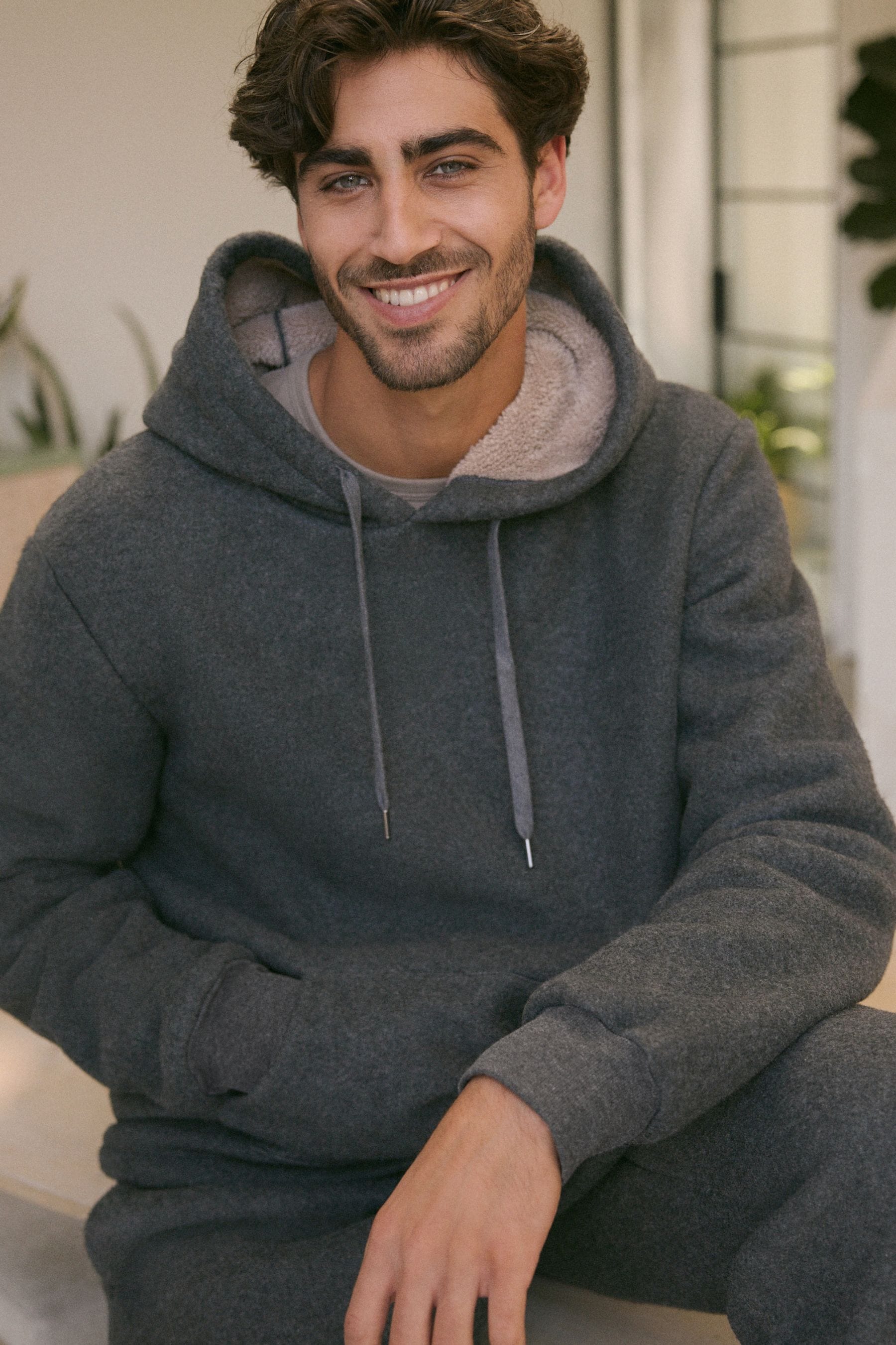Buy Slate Grey Fleece Borg Lined Brushed Hoodie from Next Kuwait