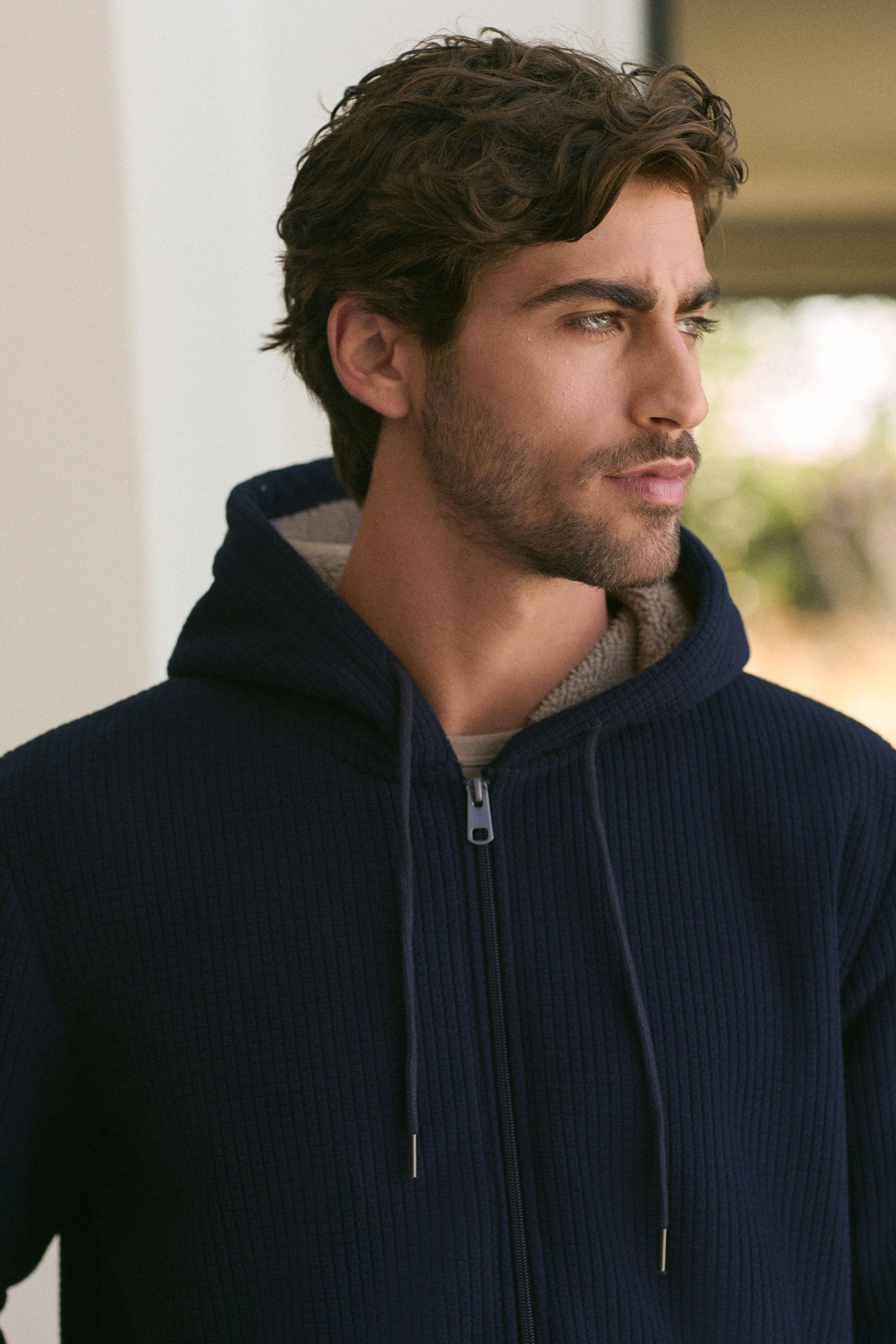 Navy Blue Zip Through Borg Lined Textured Hoodie