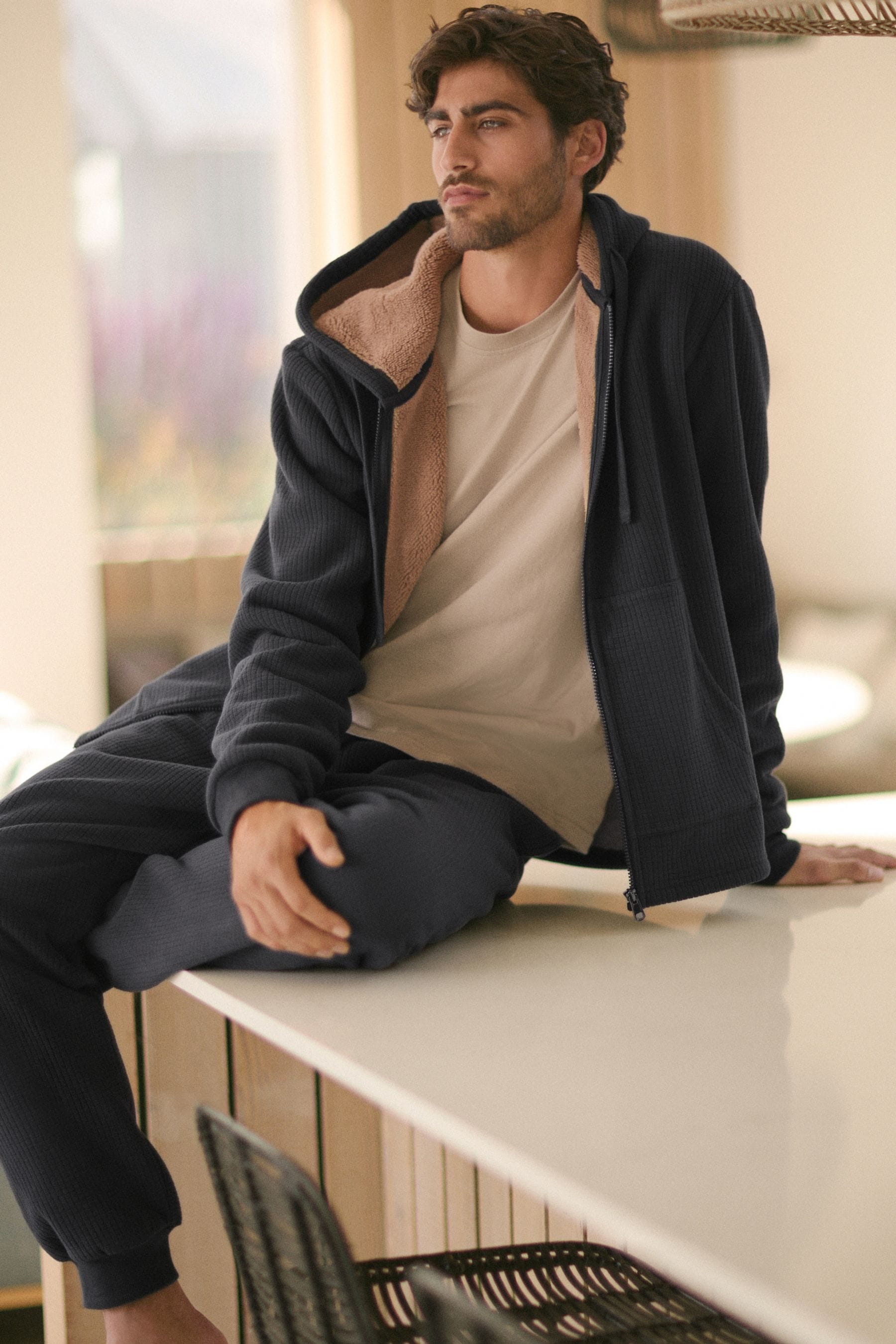 Buy Slate Grey Zip Through Fleece Borg Lined Textured Hoodie from Next Oman