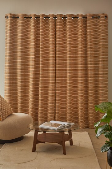 Ochre Yellow Geometric Chenille Eyelet Lined Curtains