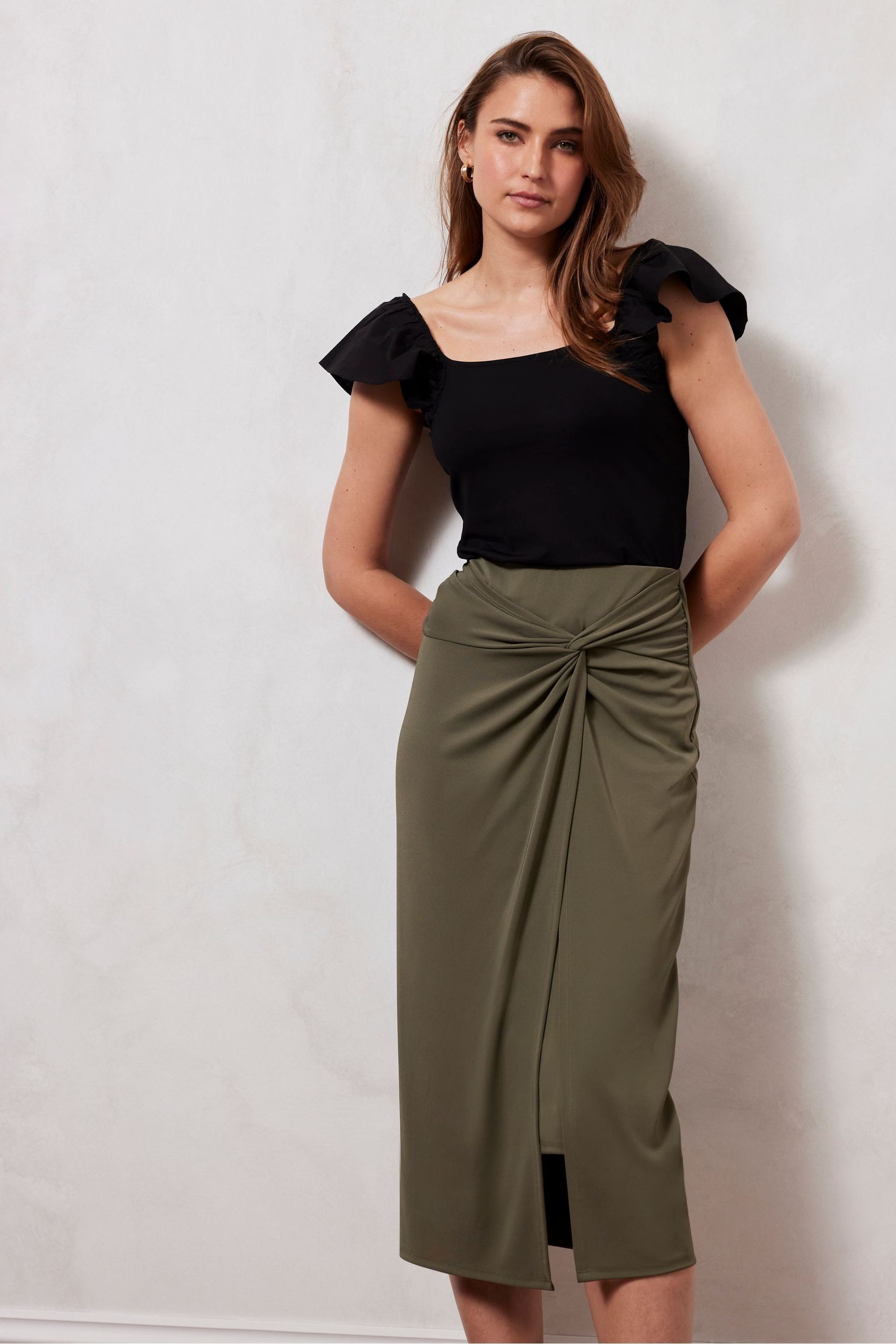 Buy Mint Velvet Khaki Green Khaki Knotted Midi Skirt from Next Luxembourg