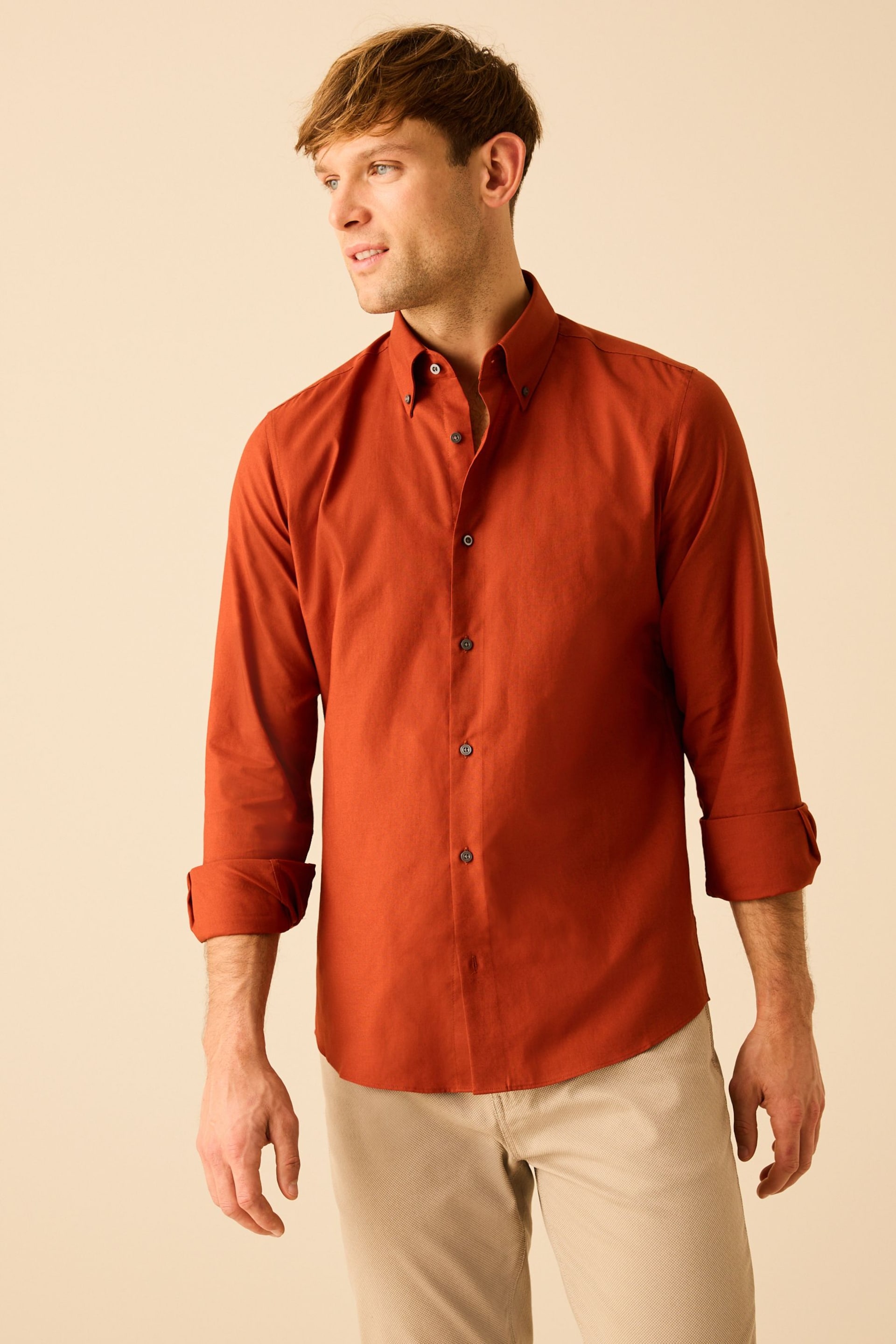Terracotta Brown Slim Fit Easy Iron Button Down Oxford Shirt - Image 1 of 8
