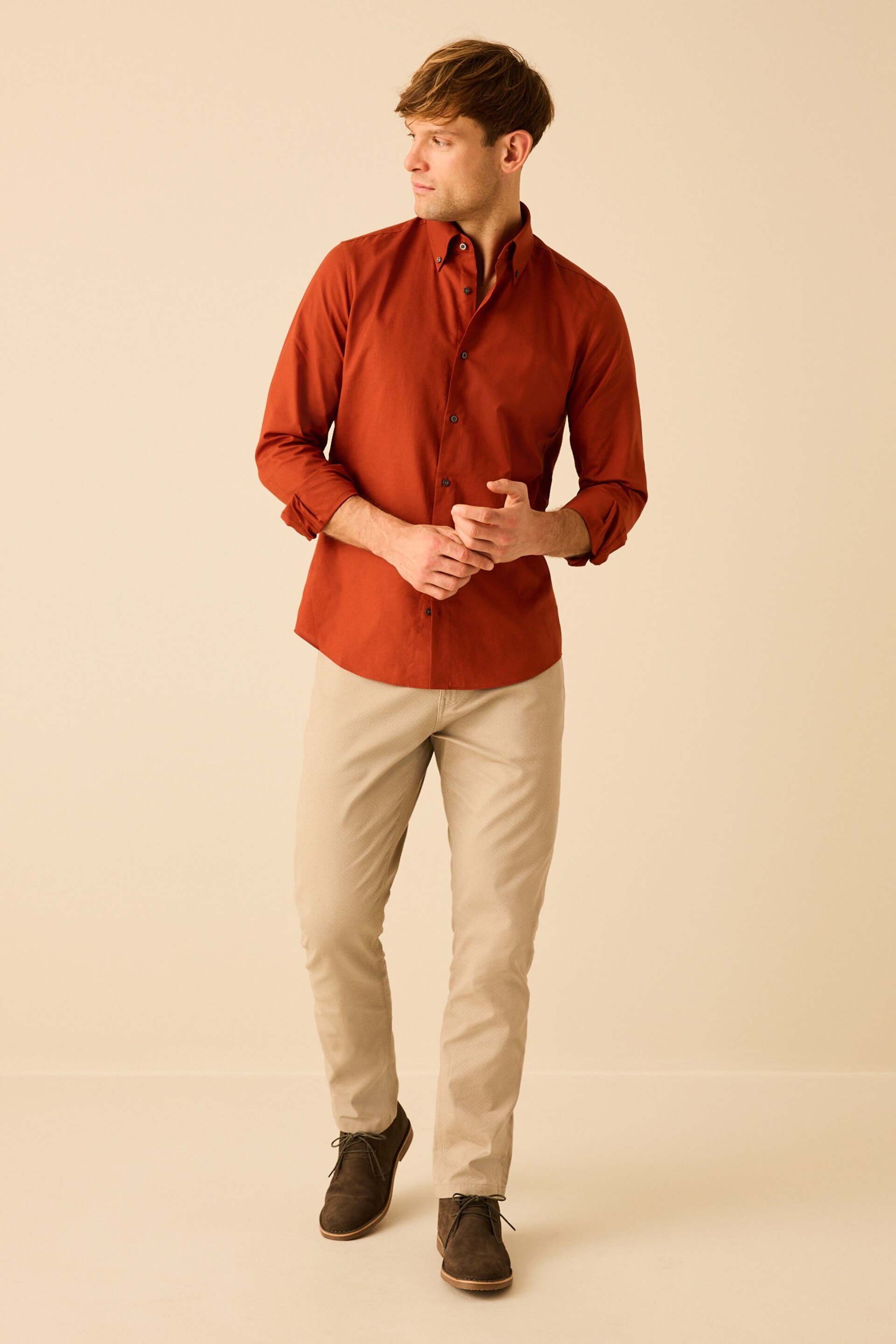 Terracotta Brown Slim Fit Easy Iron Button Down Oxford Shirt - Image 2 of 8