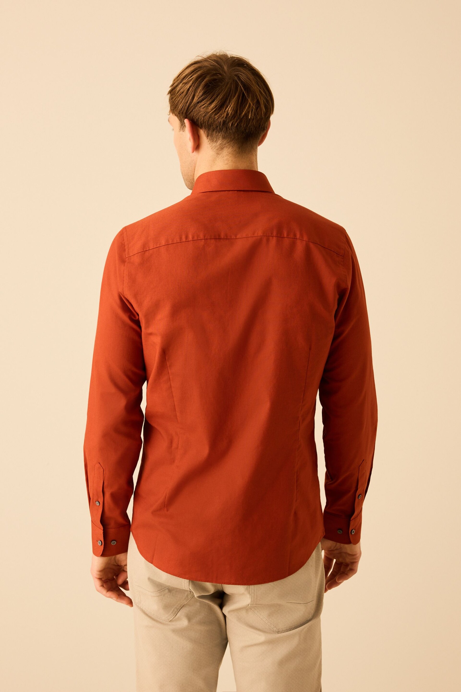 Terracotta Brown Slim Fit Easy Iron Button Down Oxford Shirt - Image 3 of 8