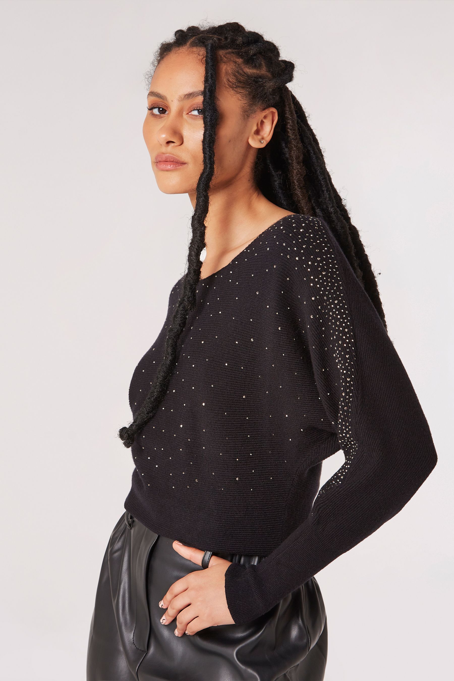 Apricot Black Stud Neck Ribbed Batwing Jumper