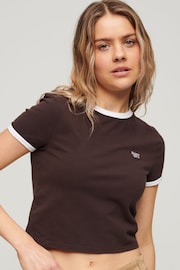 Superdry Brown Cotton Ringer Crop T-shirt - Image 1 of 4