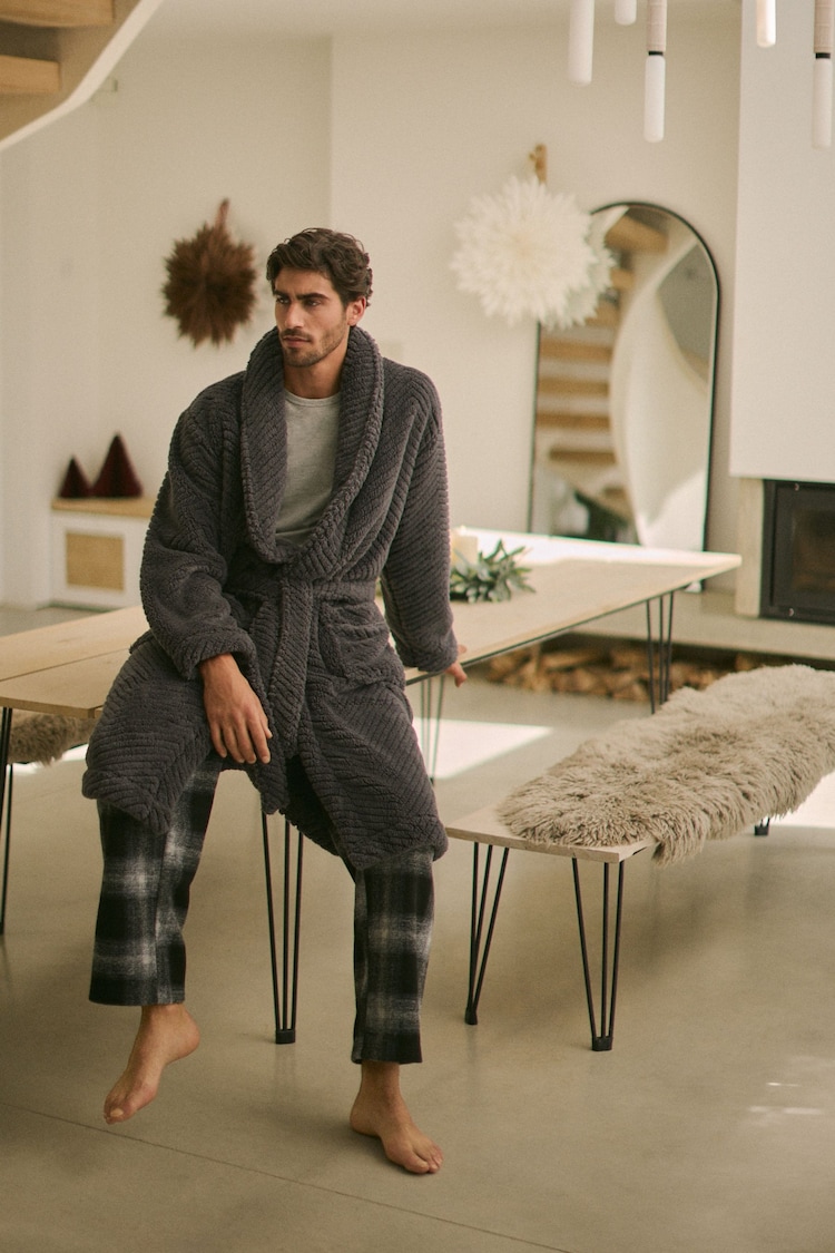 Slate Grey Textured Fleece Dressing Gown Robe - Image 2 of 9