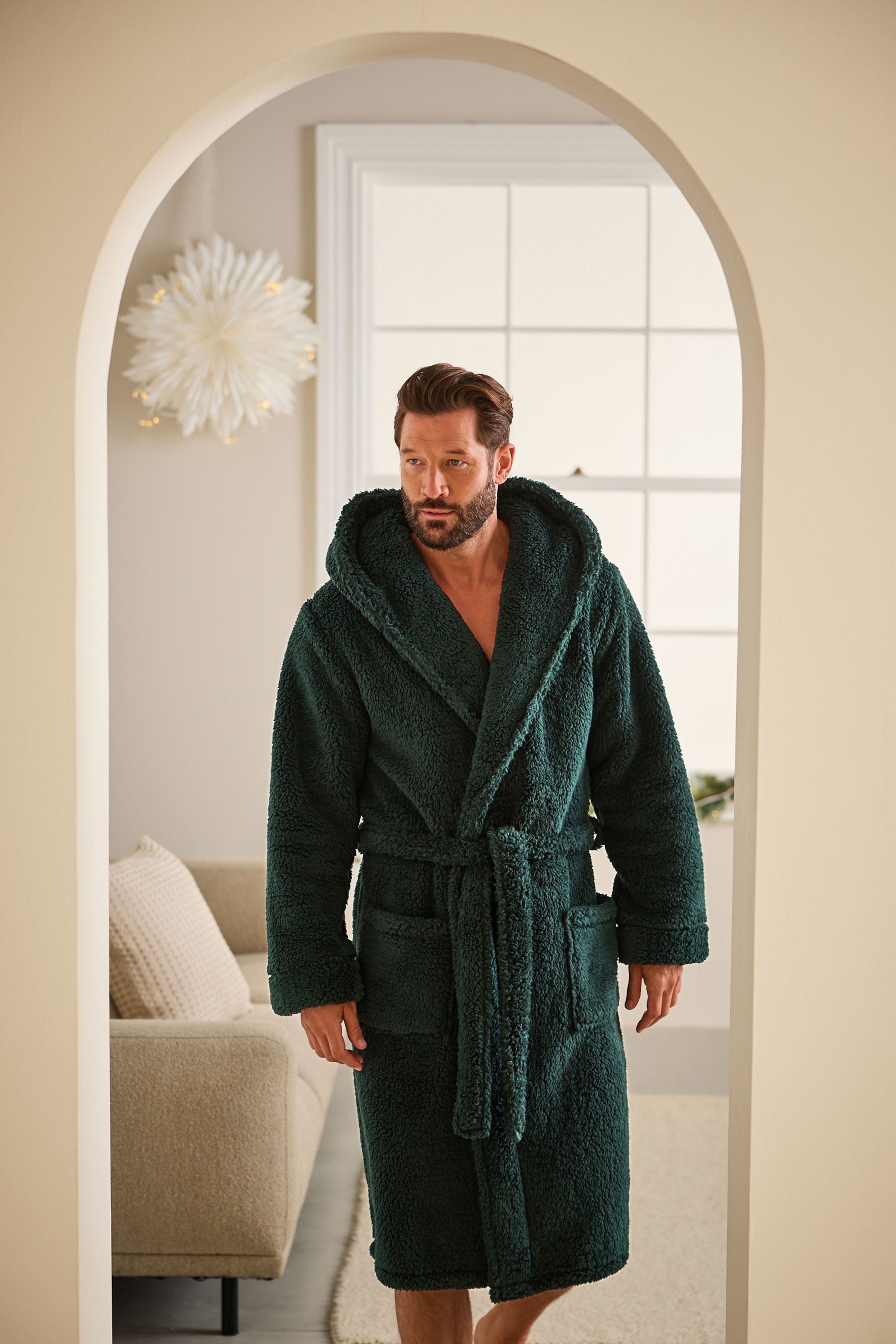 Buy Khaki Green Fleece Borg Hooded Dressing Gown from the Next UK online shop