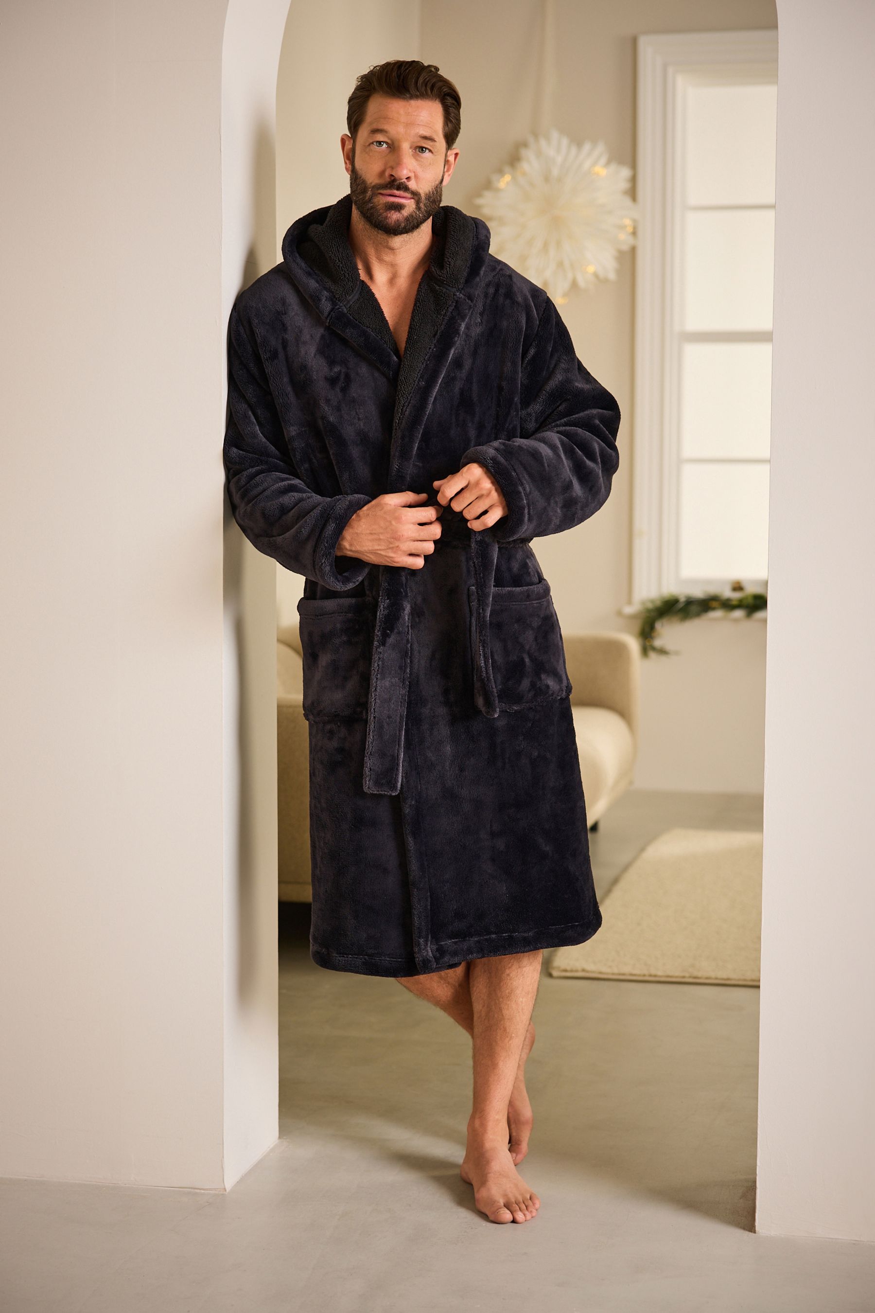 Buy Black Hooded Borg Lined Plush Dressing Gown Robe from the Next UK online shop