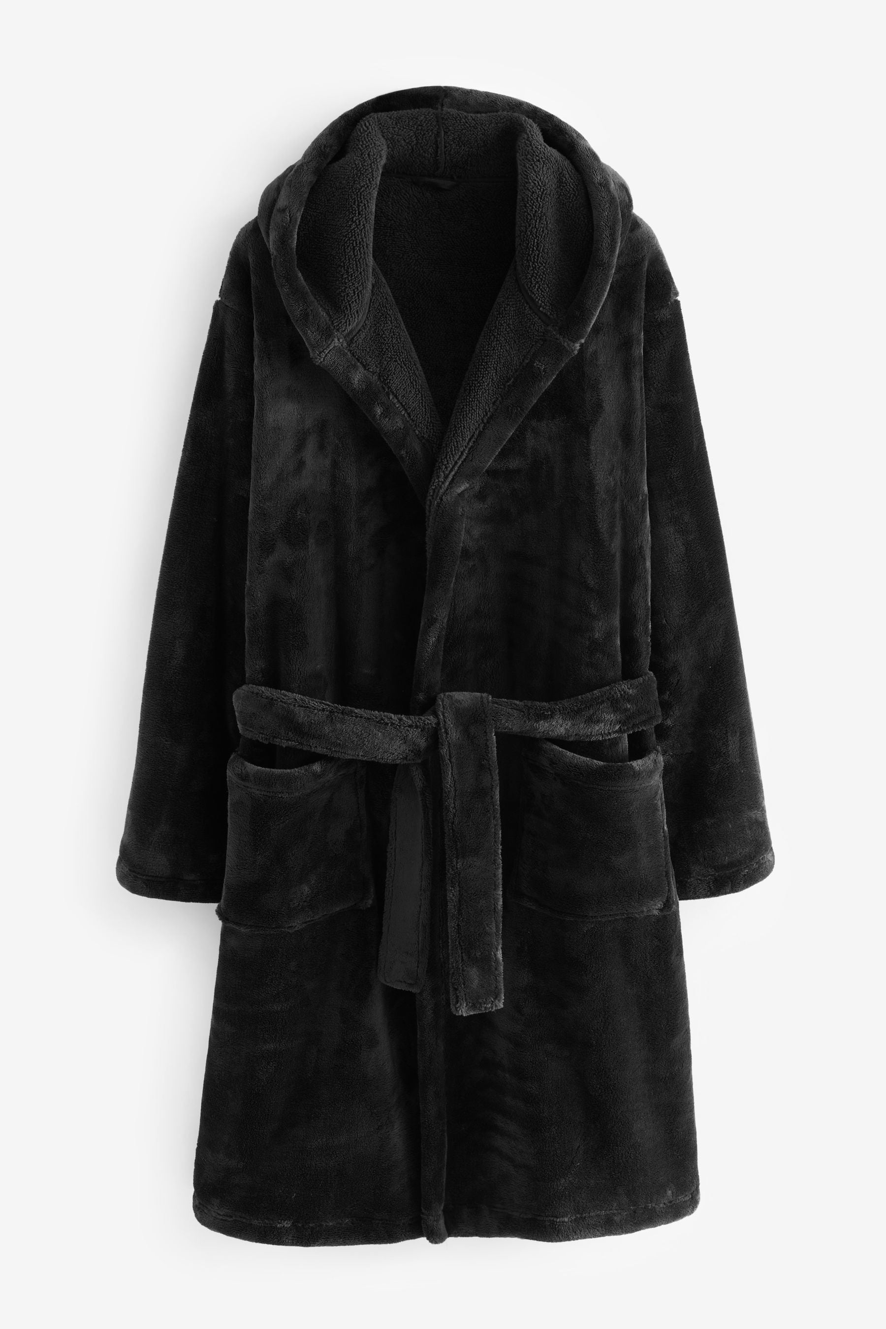 Buy Black Hooded Borg Lined Plush Dressing Gown Robe from the Next UK online shop