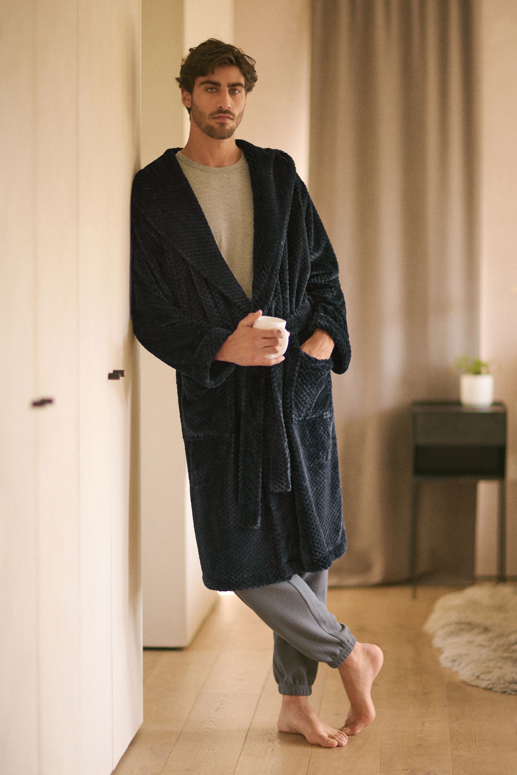 Navy Blue Textured Hooded Fleece Dressing Gown