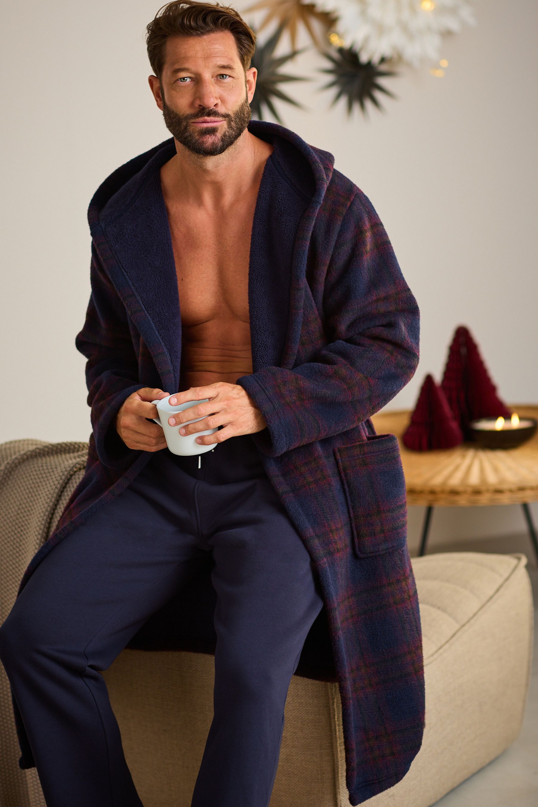 Navy Blue Orange Check Fleece Borg Lined Dressing Gown Robe