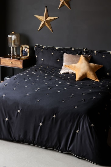 Rockett St George Black Embroidered Falling Star Duvet Cover and Pillowcase Set