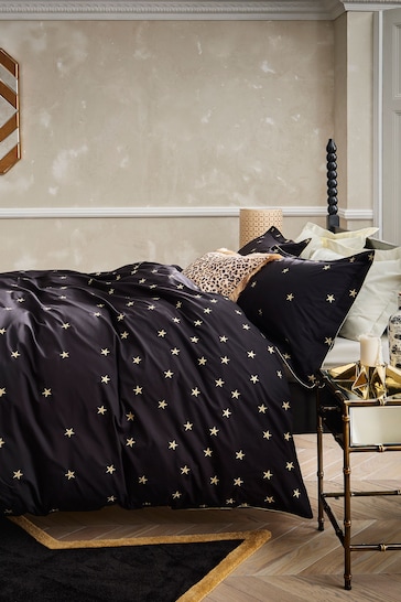 Rockett St George Black Embroidered Falling Star Duvet Cover and Pillowcase Set