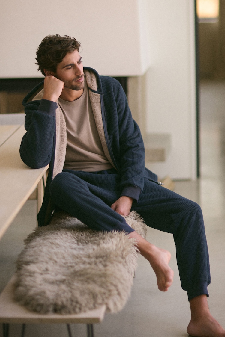 Navy Blue Fleece Borg Lined Textured Joggers - Image 2 of 10