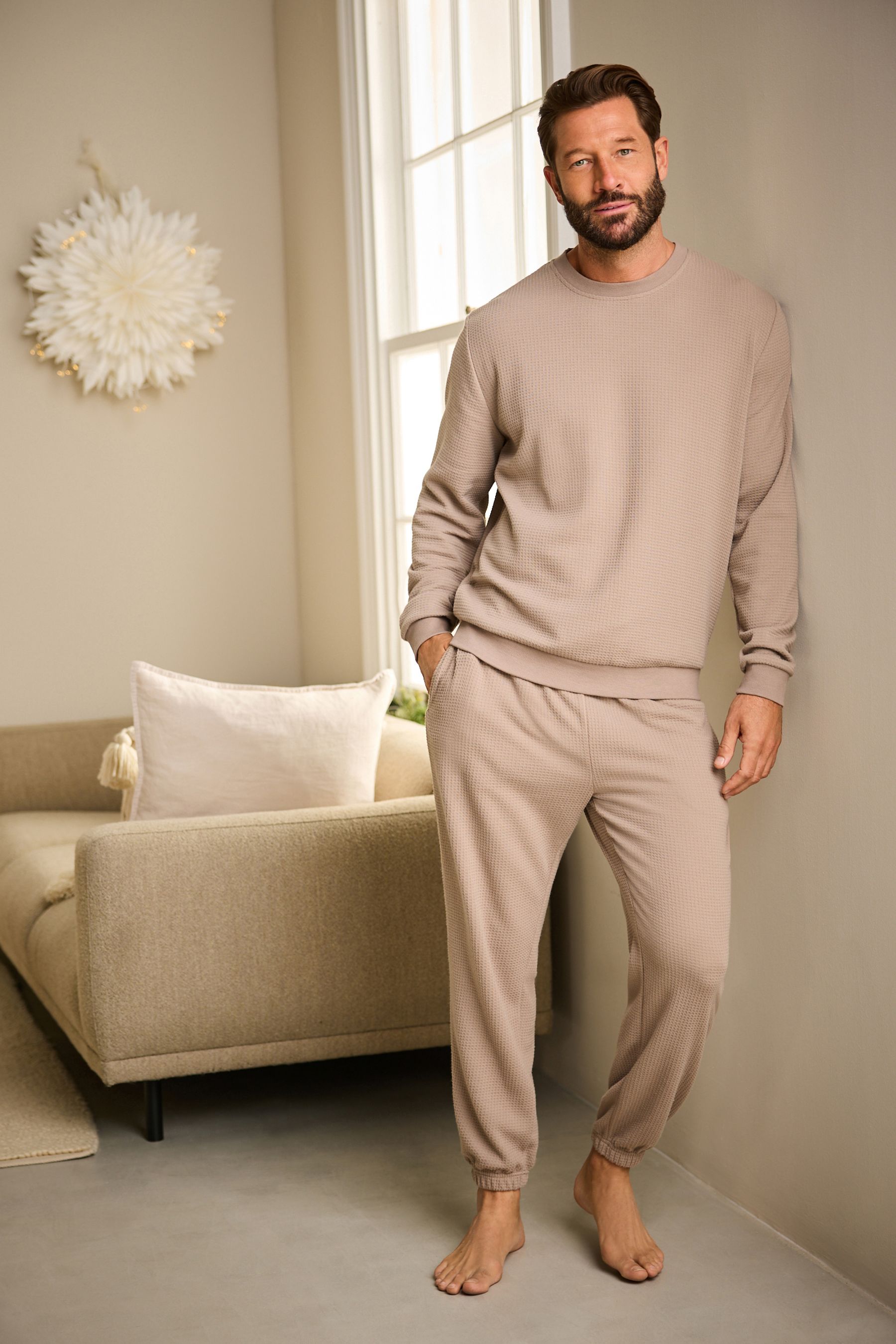 Buy Stone Neutral Soft Waffle Long Sleeve Pyjamas Set from the Next UK online shop
