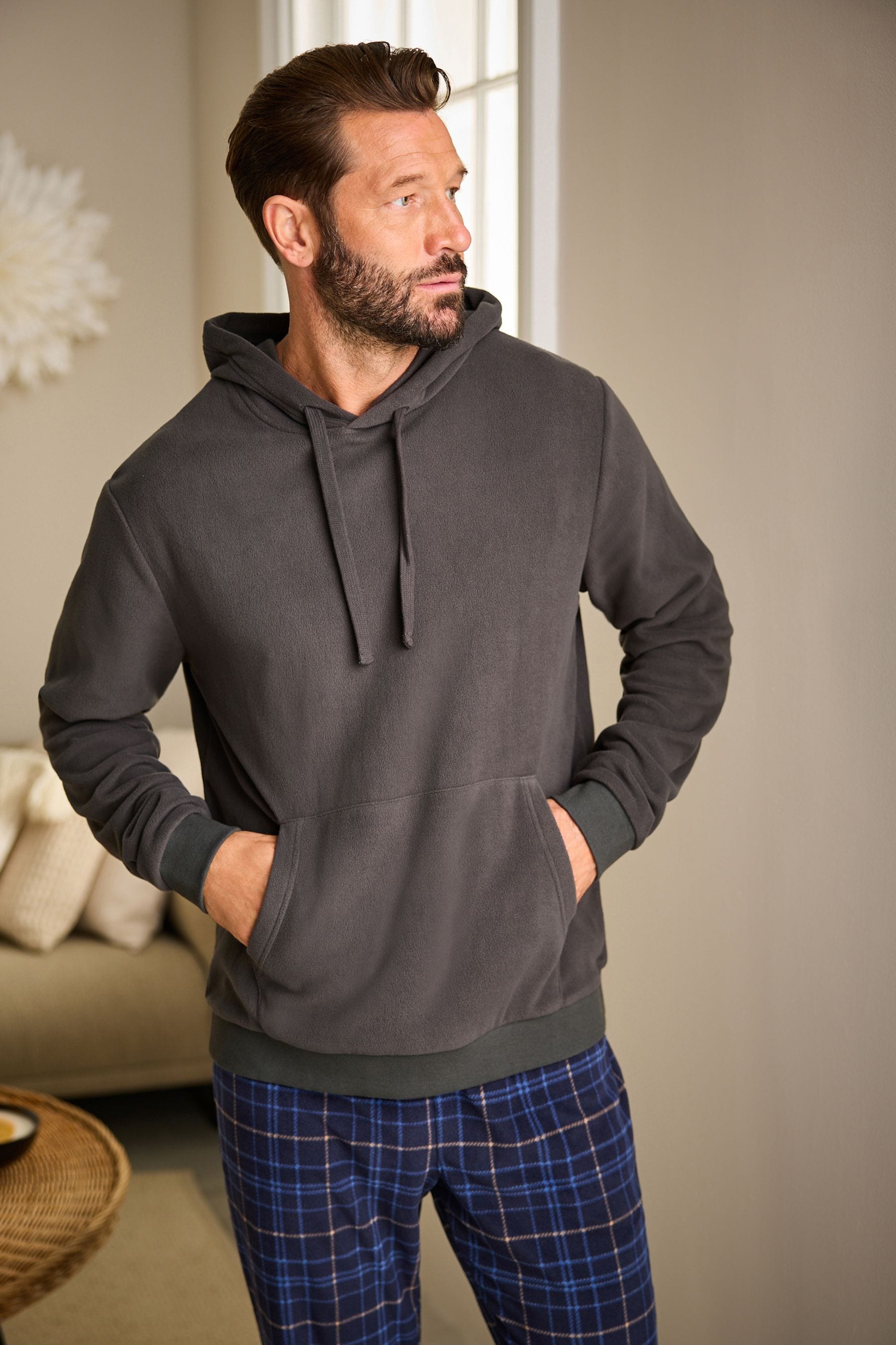 Grey Navy Blue Check Thermal Long Sleeve Pyjamas Hoodie Set