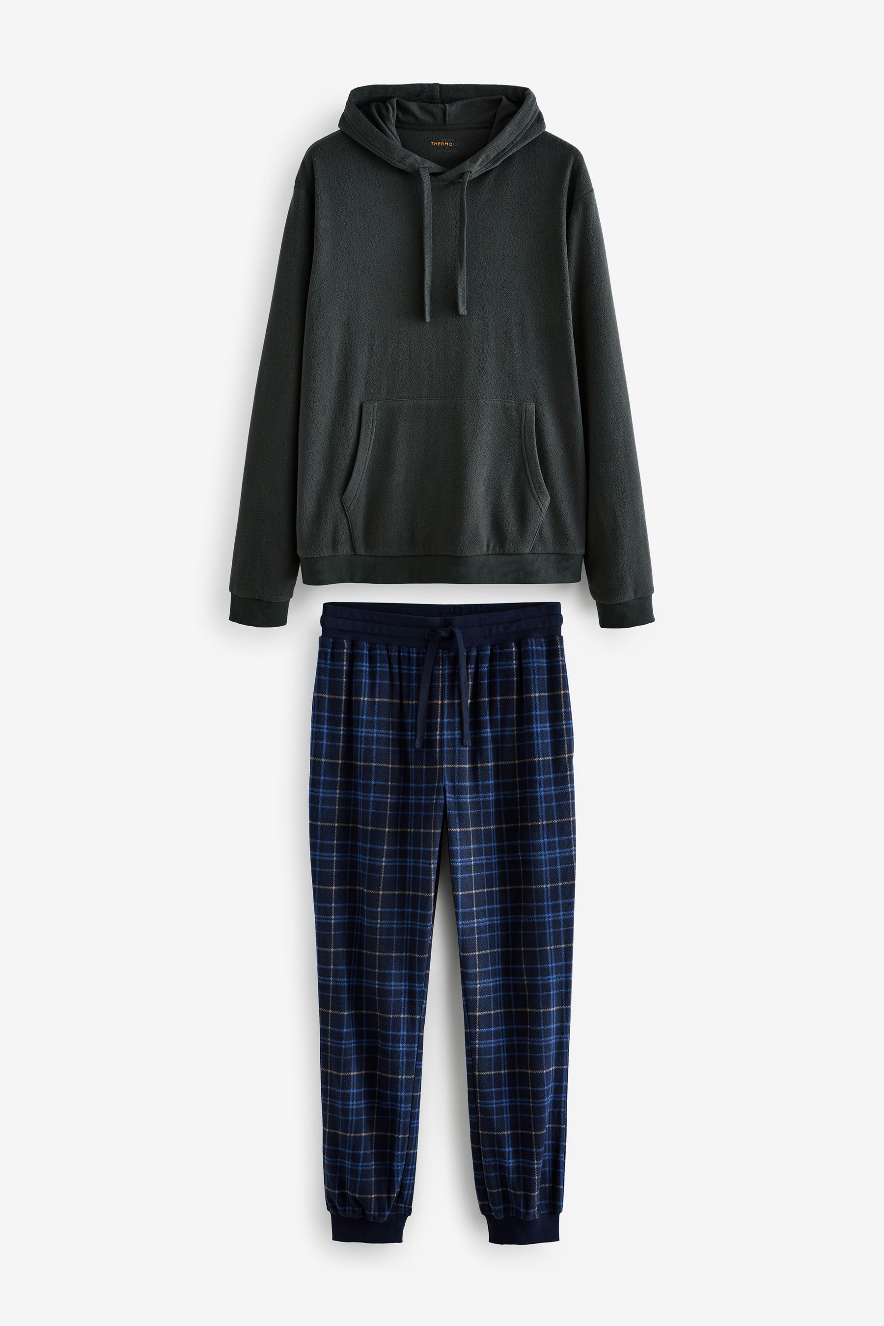 Grey Navy Blue Check Thermal Long Sleeve Pyjamas Hoodie Set
