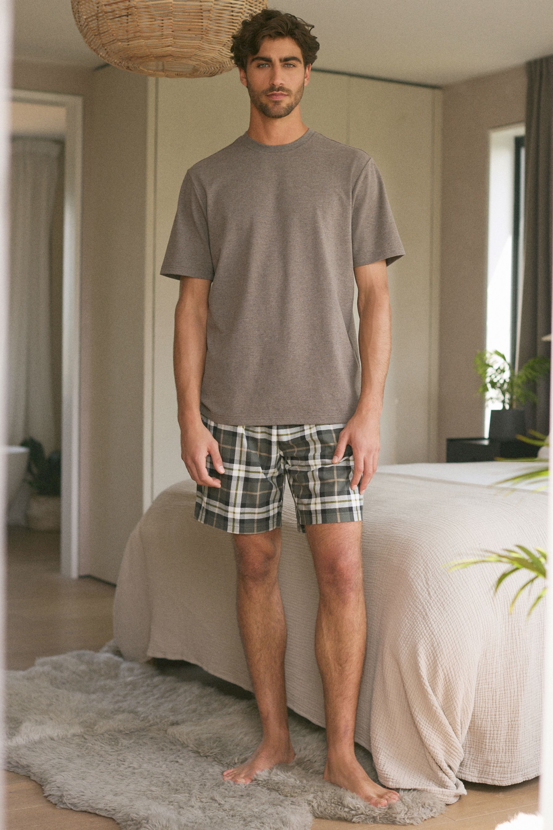 Buy Stone Green Check Motionflex Cosy 100 Cotton Short Pyjamas Set from Next Qatar