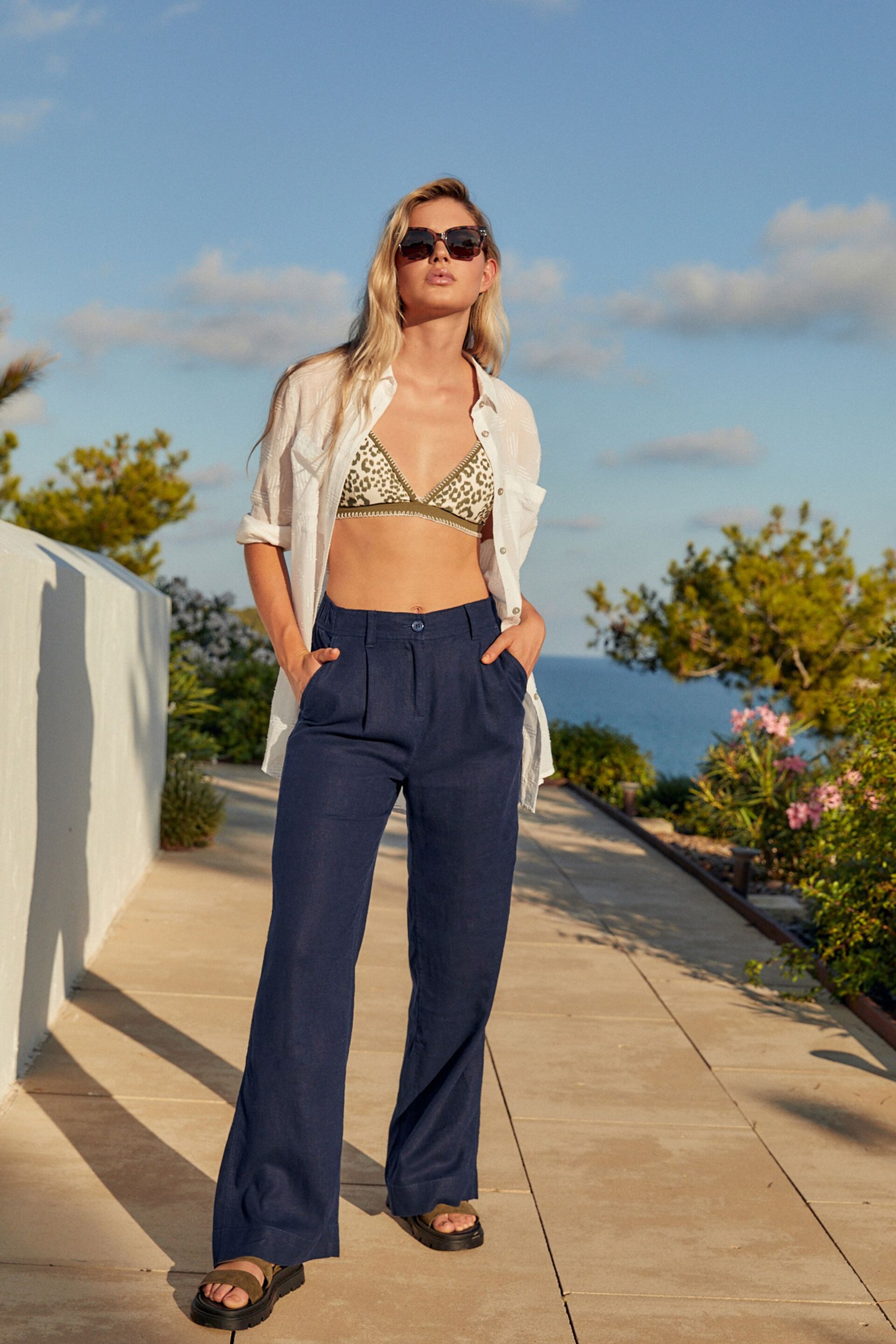 Navy Blue Linen Blend Wide Leg Trousers - Image 1 of 6