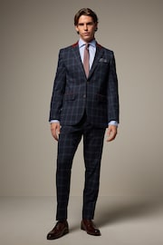 Navy Blue Tailored Fit Check Flannel Suit Jacket - Image 2 of 5