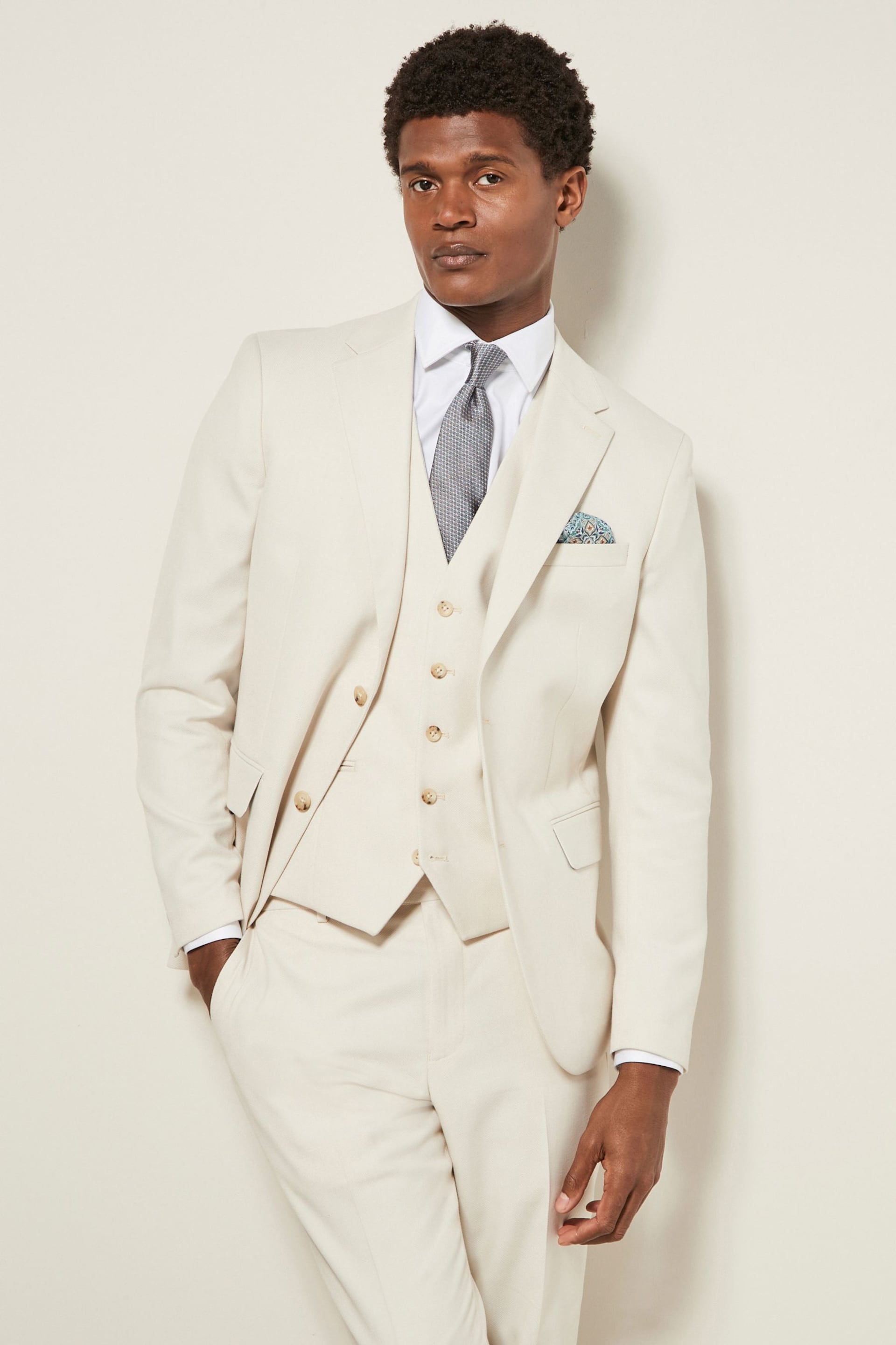 Ecru Slim Fit Textured Suit: Jacket - Image 1 of 4
