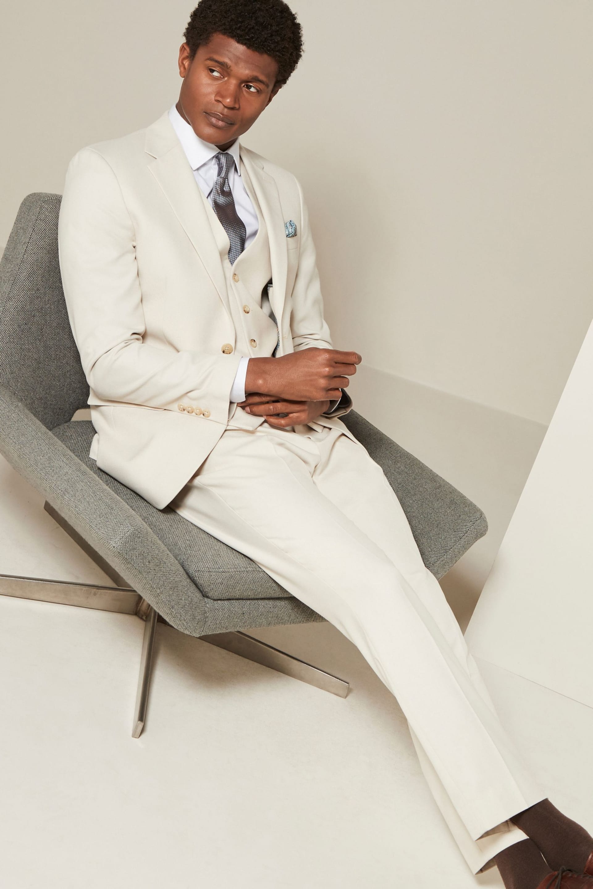 Ecru Slim Fit Textured Suit: Jacket - Image 2 of 4