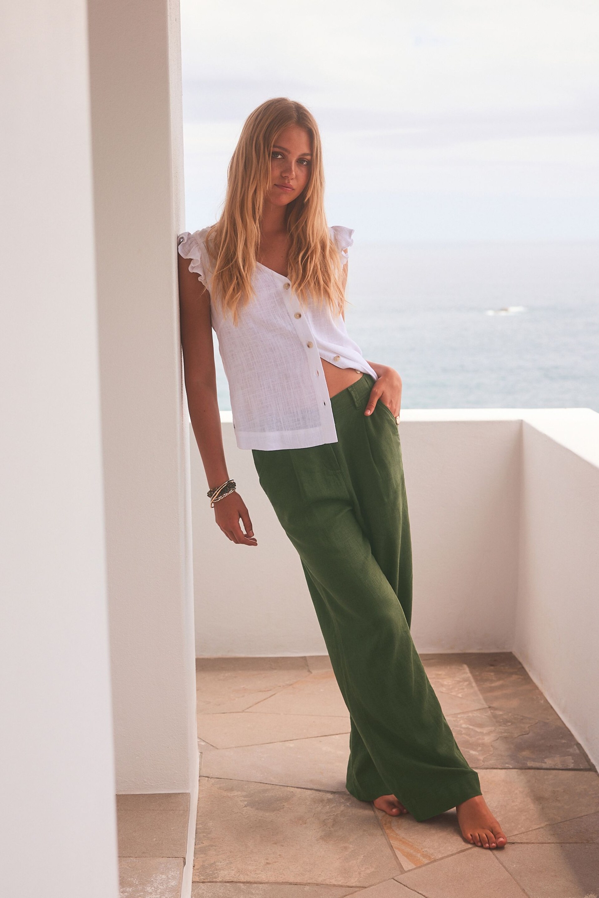 Khaki Green Linen Blend Wide Leg Trousers - Image 1 of 6