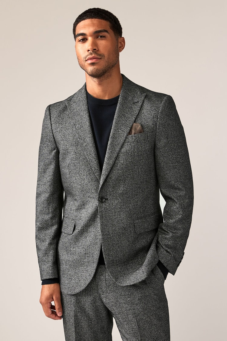 Charcoal Grey Tailored Fit Textured Puppytooth Suit Jacket - Image 1 of 10