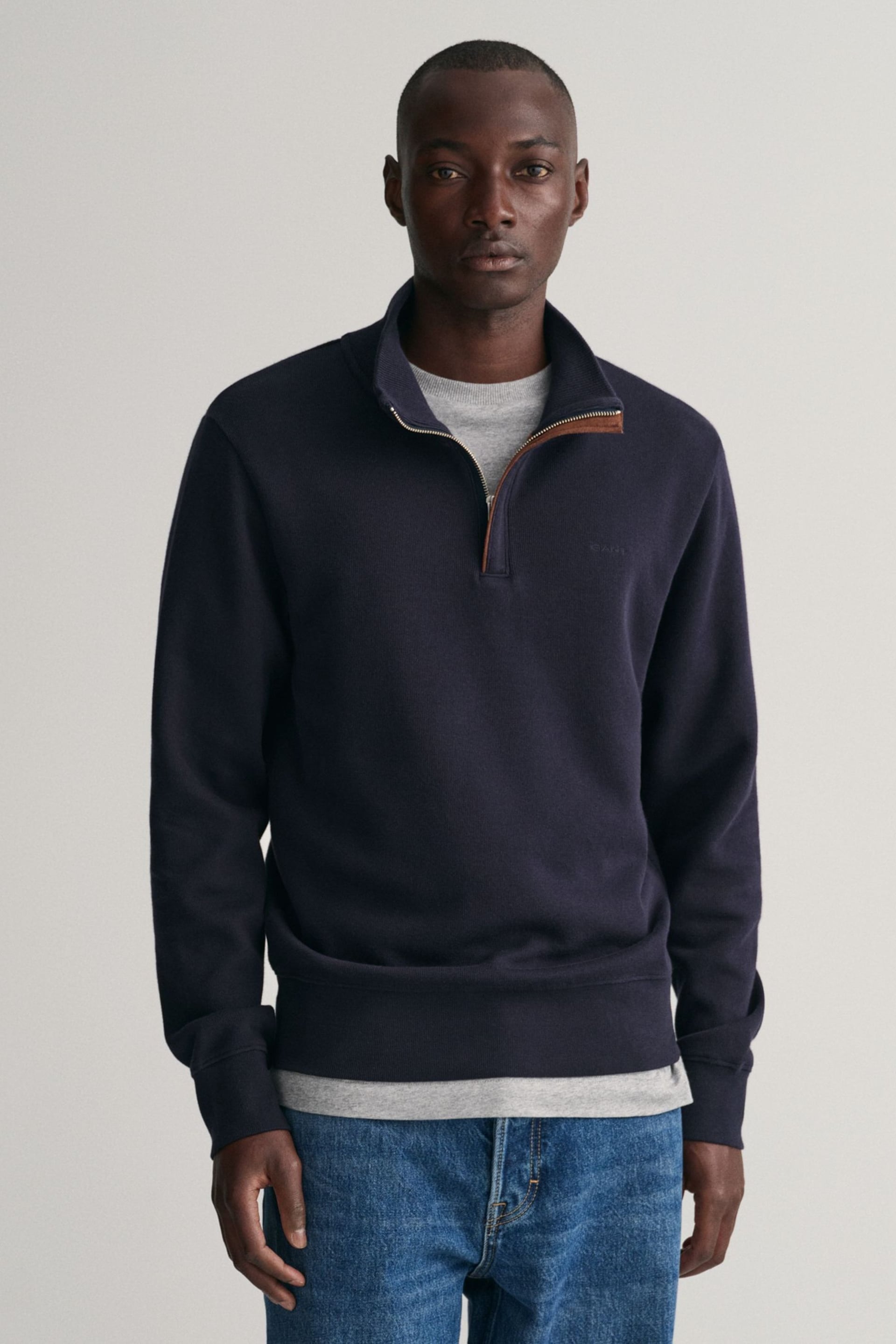 GANT Evening Blue Sacker Rib Half Zip Jumper - Image 1 of 5