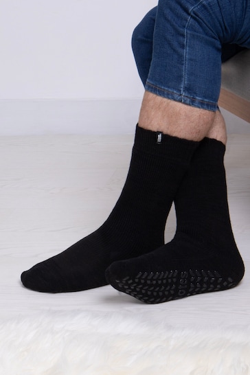 Totes Black Mens Premium Thermal Wool Blend Slipper Socks