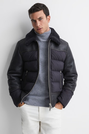 Reiss Grey Bodmin Leather Quilted Shearling Coat