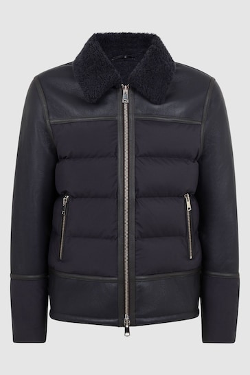 Reiss Grey Bodmin Leather Quilted Shearling Coat