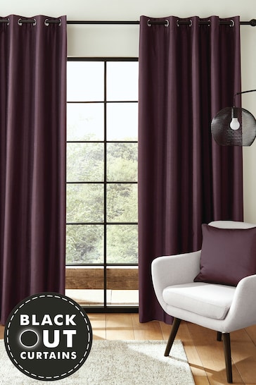 Catherine Lansfield Purple Faux Silk Blackout Eyelet Curtains