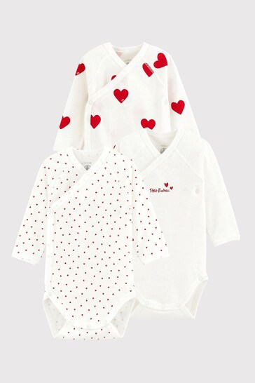 Petit Bateau White Hearts Long Sleeve Bodysuits 3 Pack