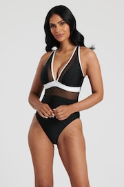 South Beach Monochrome Mesh Plunge Swimsuit - Image 1 of 6