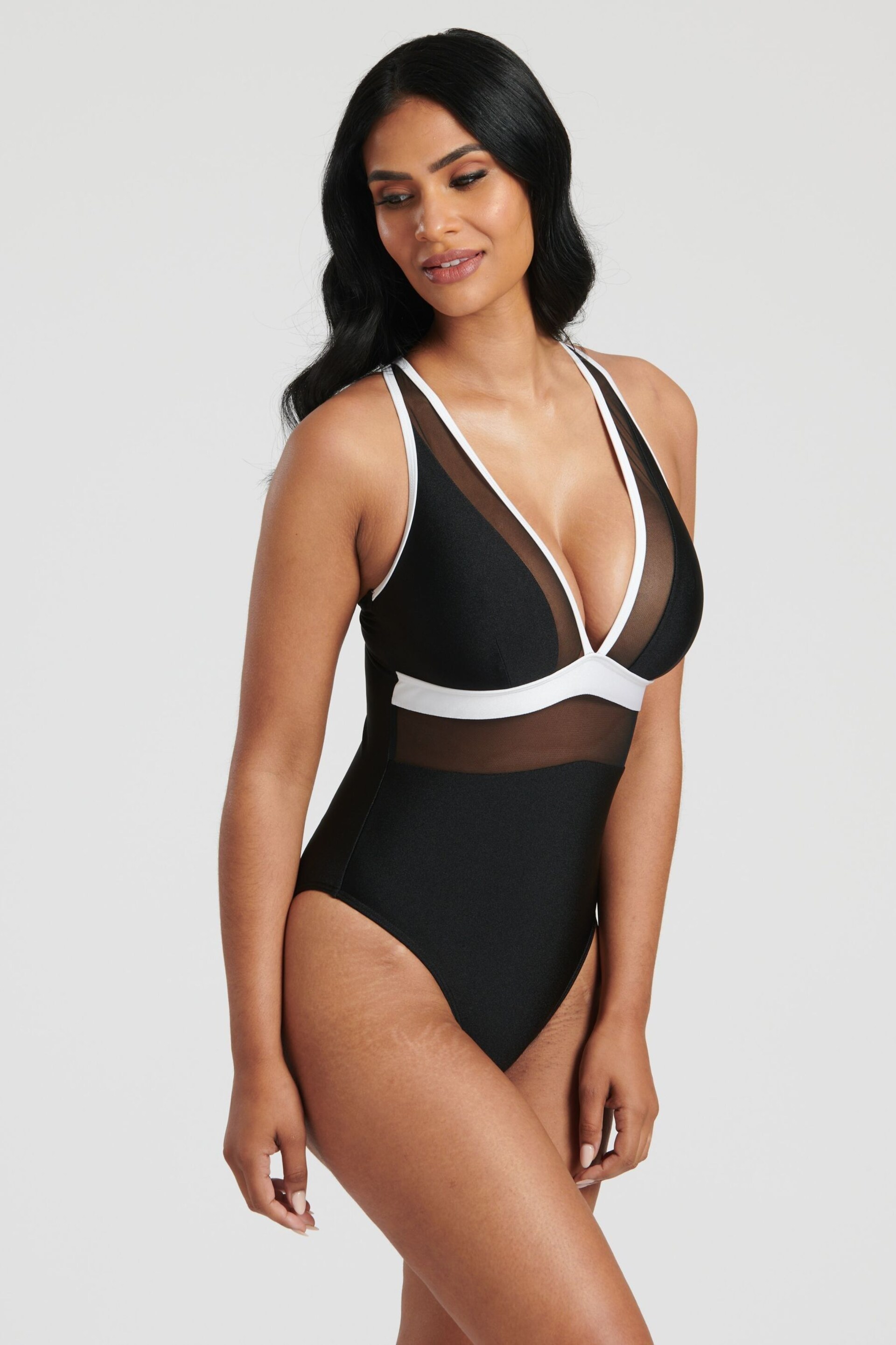 South Beach Monochrome Mesh Plunge Swimsuit - Image 3 of 6