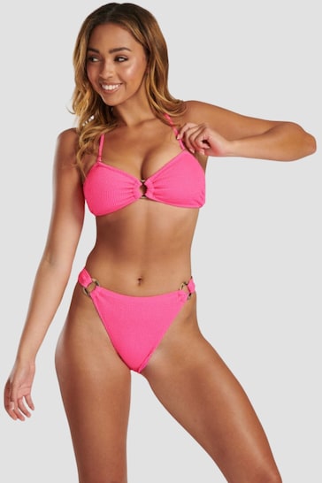 South Beach Pink Crinkle Textured Bandeau Top Bikini Set