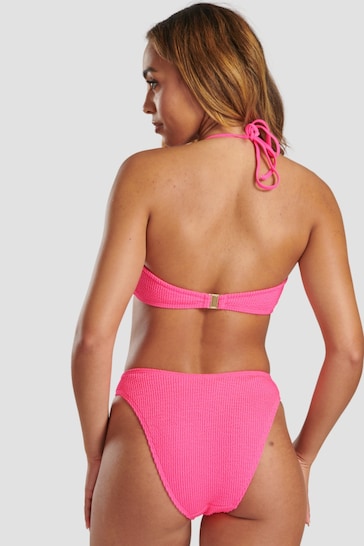 South Beach Pink Crinkle Textured Bandeau Top Bikini Set