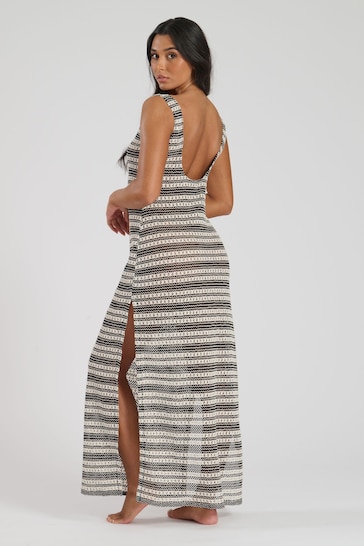 South Beach Monochrome Crochet Stripe Maxi Beach Dress