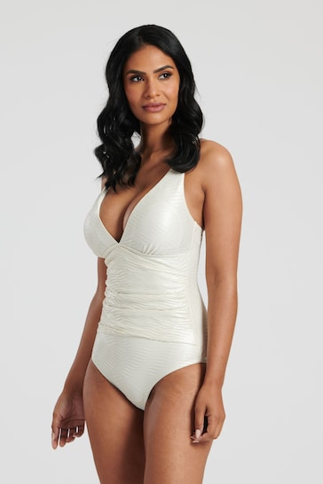 South Beach Cream Shimmer Texture Tummy Control Swimsuit With Fixed Cups