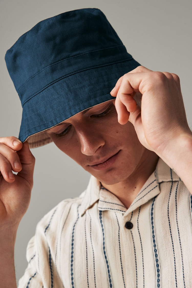 Navy Blue/Ecru White Reversible Bucket 100% Cotton Hat - Image 2 of 7