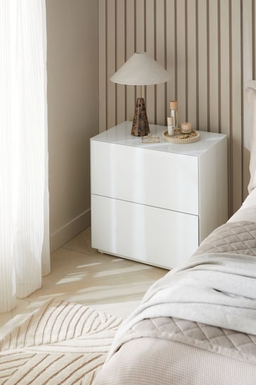 White Sloane Glass Collection Luxe 2 Drawer Wide Bedside Table