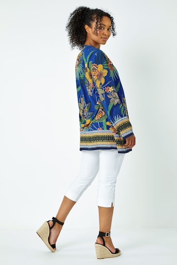 Roman Blue Multi Petite Tropical Print Kimono Jacket