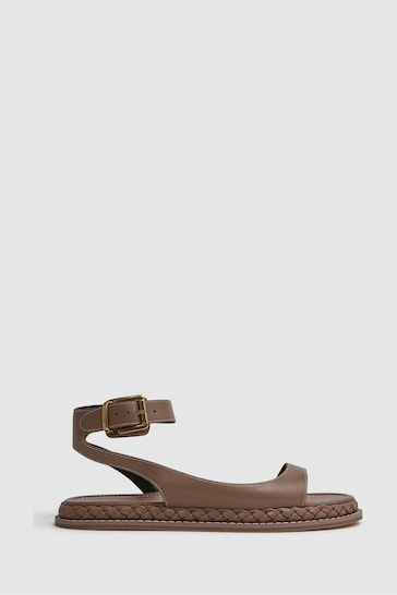 Reiss Tan Gabi Leather Plait Detail Sandals