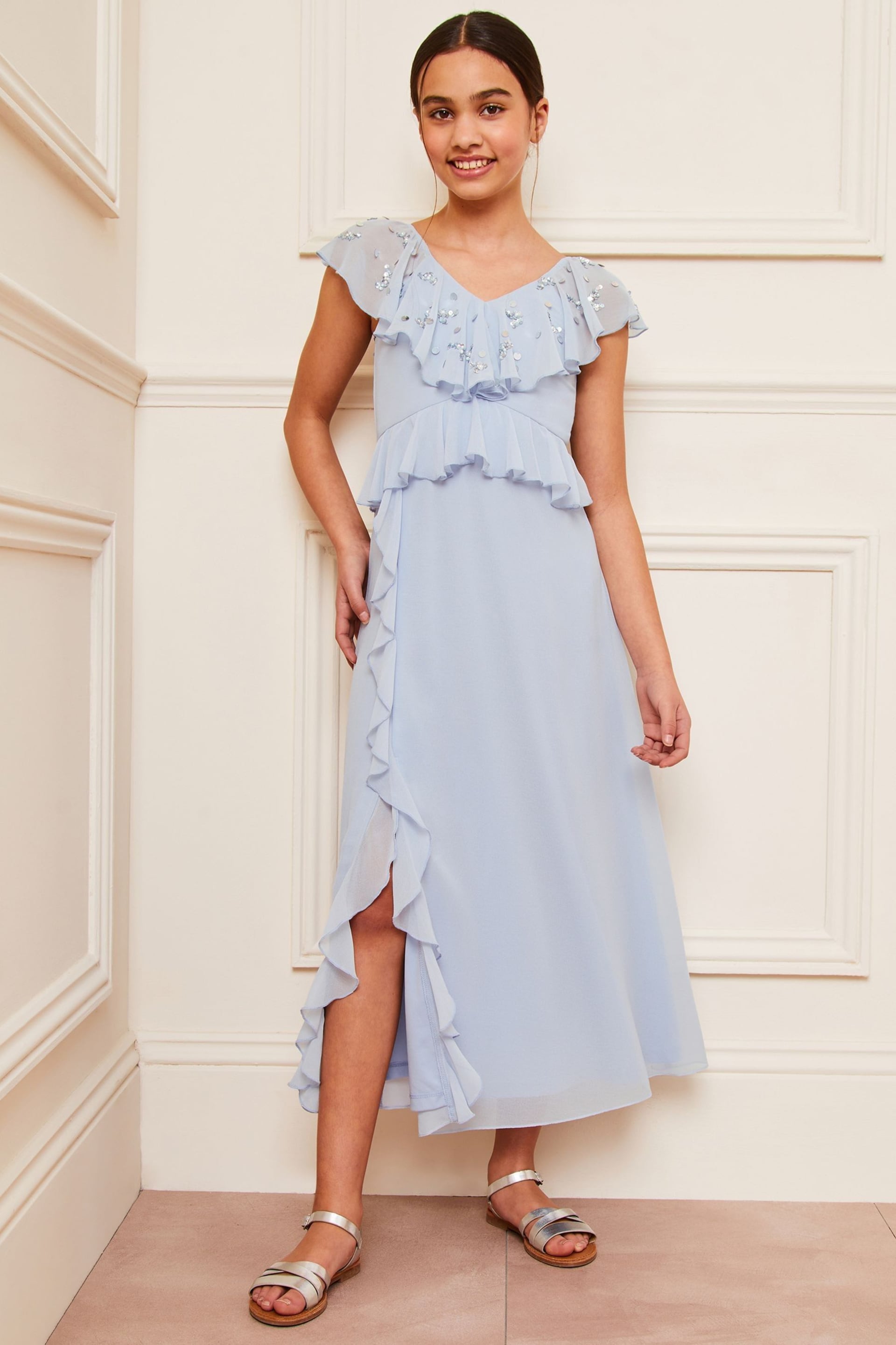 Lipsy Blue Ruffle Embellished Maxi Occasion Dress (7-16yrs) - Image 3 of 4