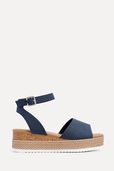 Linzi Blue Wide Fit Shore Wedges With Cork Detail And Ankle Strap
